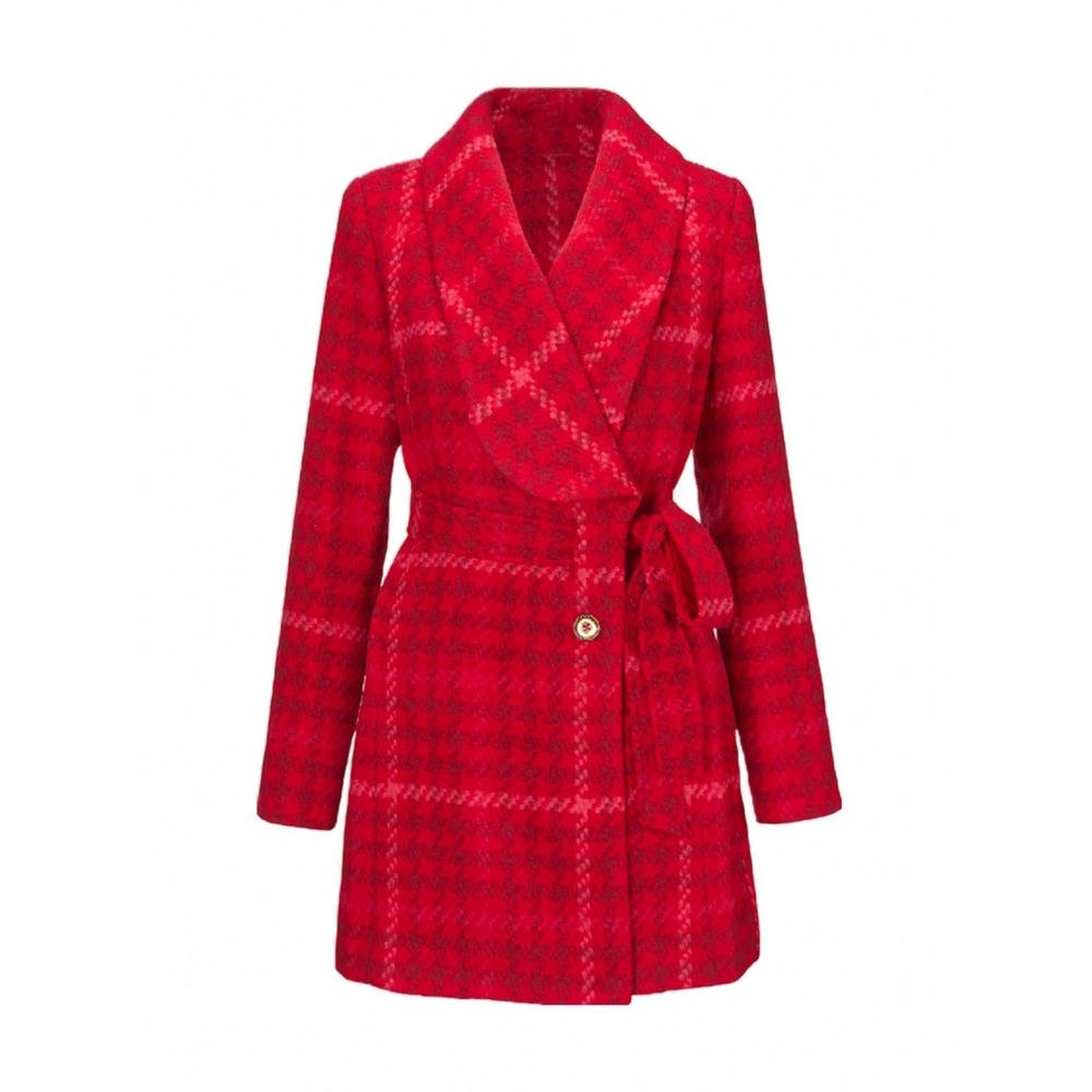 Cabi Checkmate Coat 4295 Red Pink Houndstooth Plaid Shawl Collar Wrap Jacket L